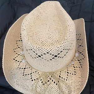 Vamuss Straw Cowboy Hat for Women with Beaded Trim and Shapeable Brim